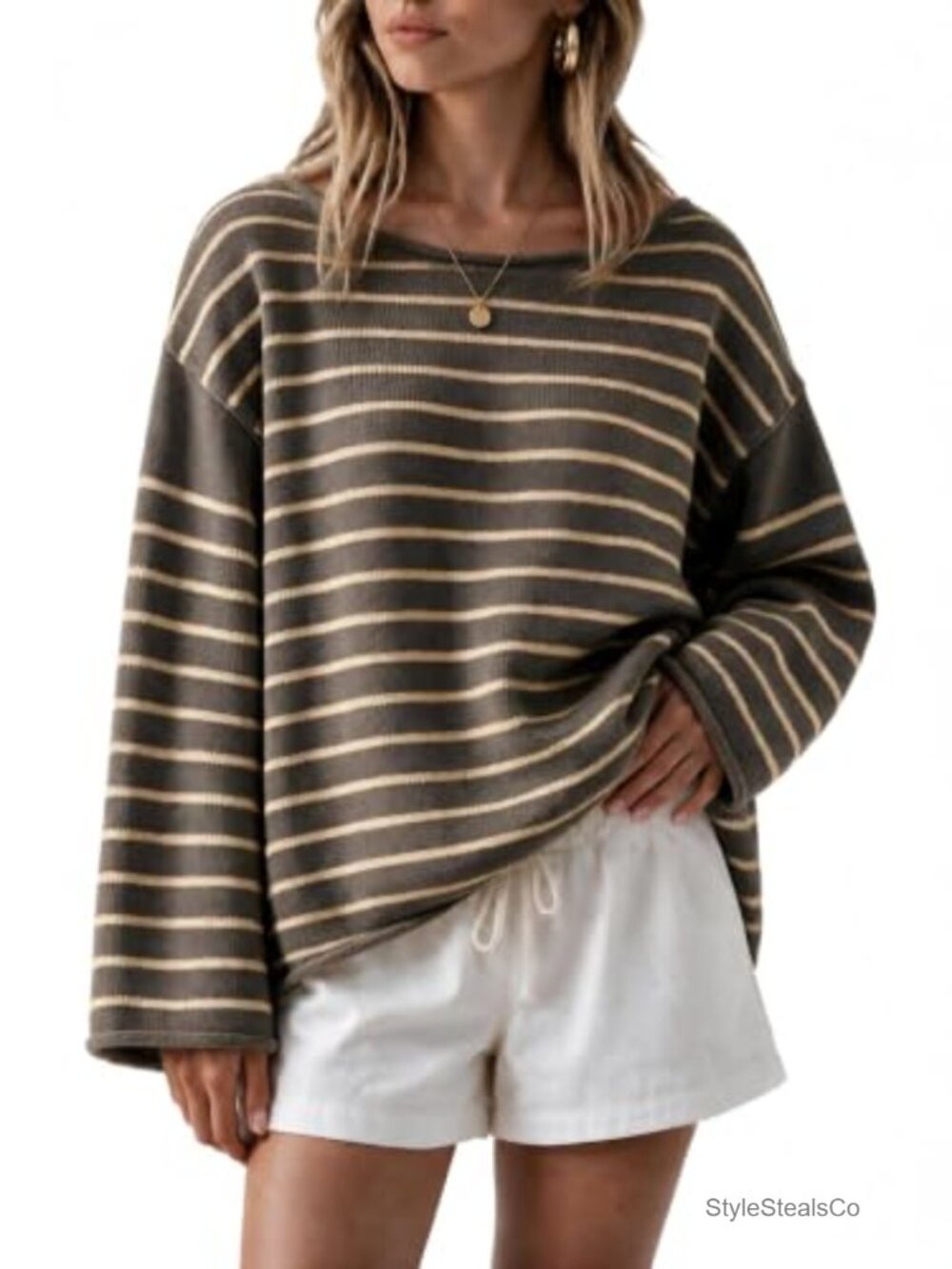 Oversized Striped Sweater Long Sleeve Boat Neck Pullover